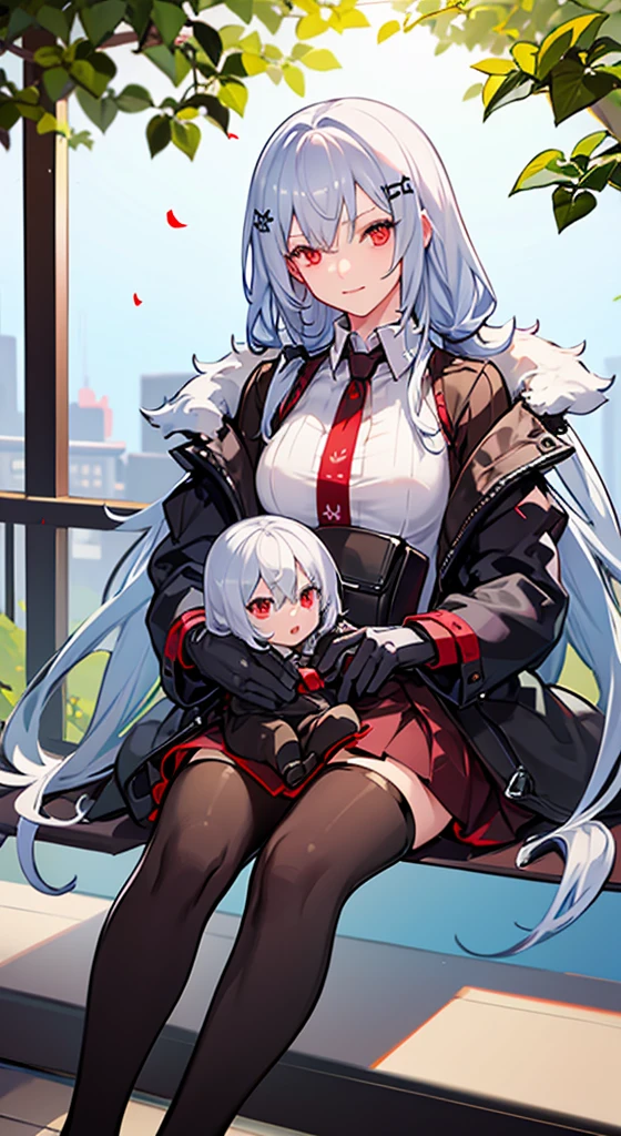 Girl with long white hair, red eyes, sitting on a guys lap.