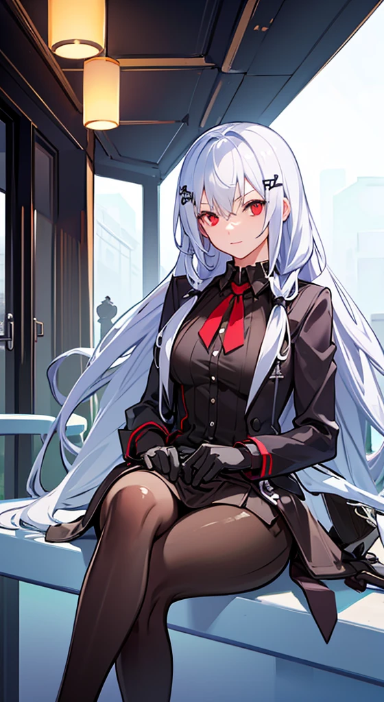 Girl with long white hair, red eyes, sitting on a guys lap.