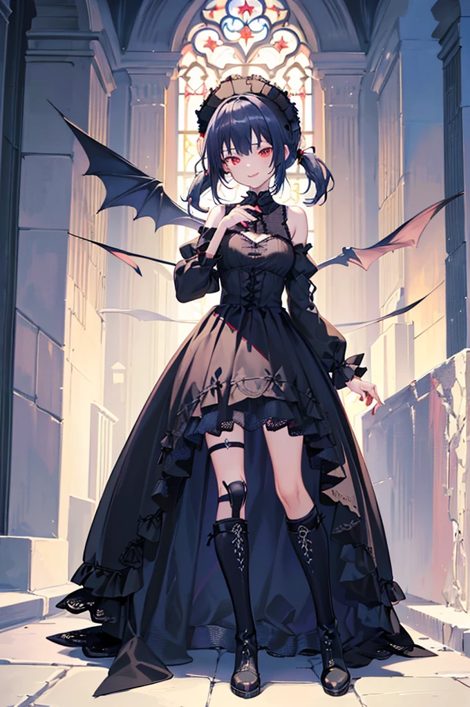 [(church background:1.4)::5],Original,(Illustration:1.1),(Best Quality),(masutepiece:1.1),(the Extremely Detailed CG Unity 8K Wallpapers:1.1), (Colorful:0.9),(mid-shot:0.95),(Full body:1.5),Dynamic Angle,(Solo:1.2), (girl),((Adult)), (Detailed beautiful eyes:1.15), (Beautiful face:1.15), (Glowing red eyes:1.25////),((dark blue long hair)),(Blunt bangs),(low twintails),(+perfect hand+:1.21),(Draw an illustration of a gothic girl),(Religious),(slender),(she has boots on her feet),((Wearing a black dress)),(Furious), Lace Off Shoulder Lolita Fashion,Beautiful slender woman,((Evil smile)),Dark blue short hair,Dark blue short hair,Laugh,evil smile,mini skirt,short hair,short mini skirt,mini skirt,