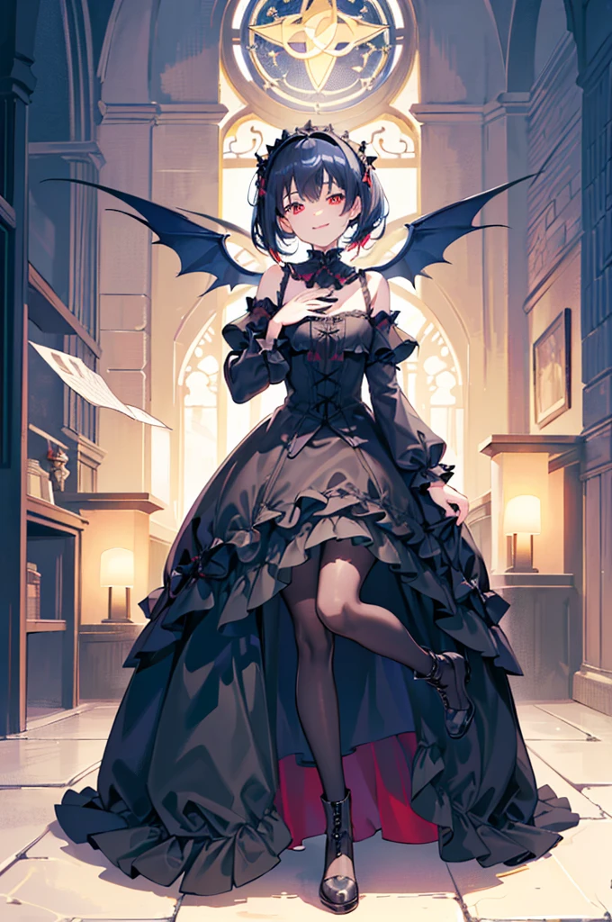 [(church background:1.4)::5],Original,(Illustration:1.1),(Best Quality),(masutepiece:1.1),(the Extremely Detailed CG Unity 8K Wallpapers:1.1), (Colorful:0.9),(mid-shot:0.95),(Full body:1.5),Dynamic Angle,(Solo:1.2), (girl),((Adult)), (Detailed beautiful eyes:1.15), (Beautiful face:1.15), (Glowing red eyes:1.25////),((dark blue long hair)),(Blunt bangs),(low twintails),(+perfect hand+:1.21),(Draw an illustration of a gothic girl),(Religious),(slender),(she has boots on her feet),((Wearing a black dress)),(Furious), Lace Off Shoulder ta Fashion,Beautiful slender woman,((Evil smile)),Dark blue short hair,Dark blue short hair,Laugh,evil smile,mini skirt,short hair,short mini skirt,mini skirt,