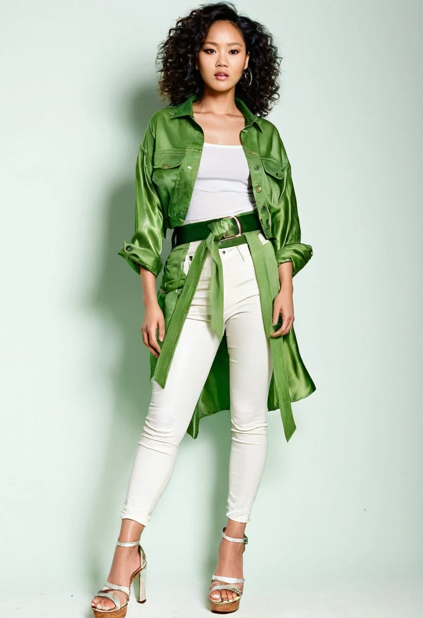 A model, beautiful mixed race Nigerian and Korean woman aged 27years. Wearing a belt made of shiny green silk. Informal messy design. Loosely twisted and wrapped material, makeshift belt. Being worn over white shiny leggings.  White open-toe platform sole shoes. Pale green denim jacket. White transparent t-shirt 