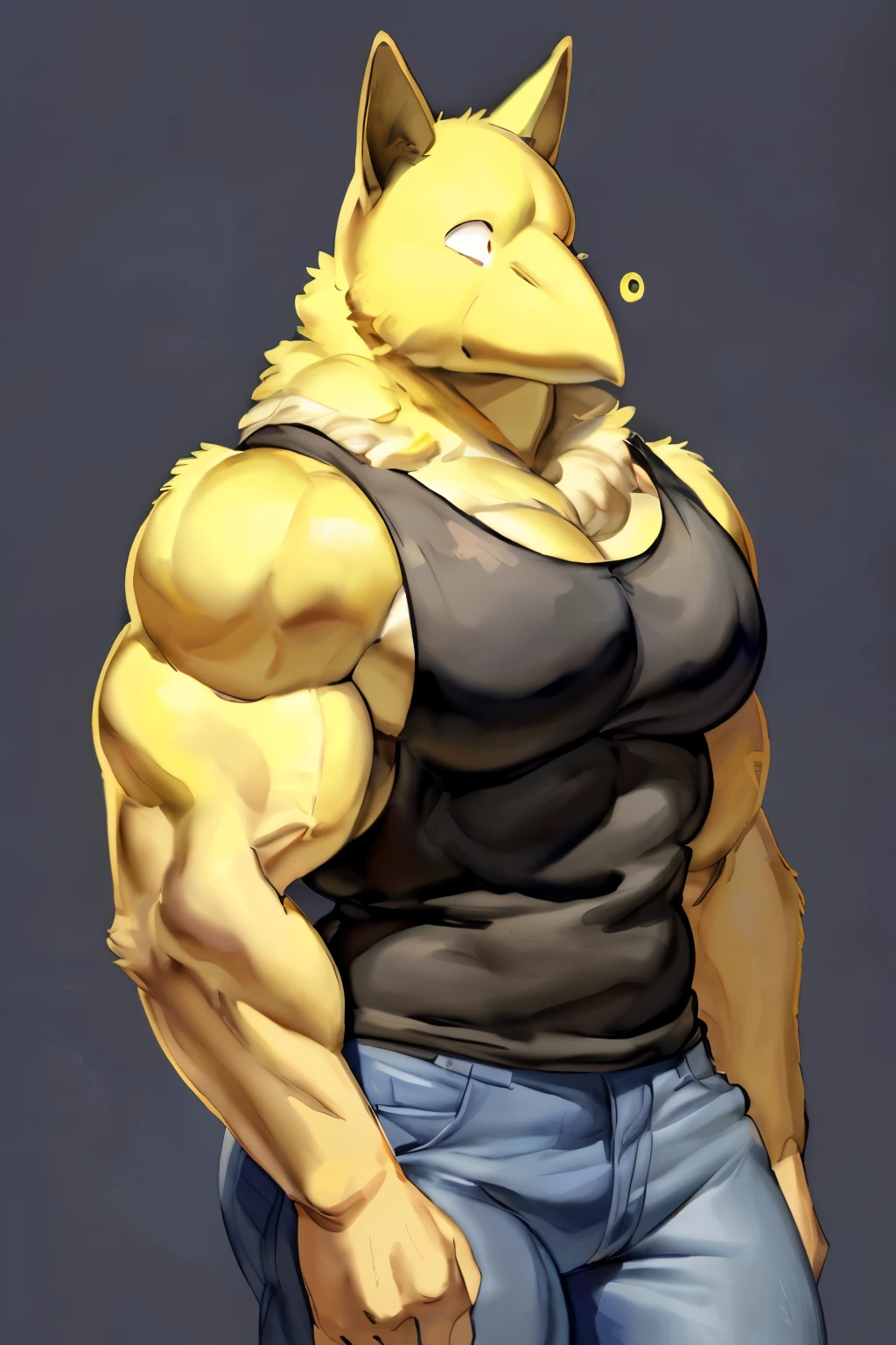 Furry, Anthro, solo, Hypno, Male, (((muscular body, massive thighs, massive male pectorals, fluffy neck, yellow skin))), ((((massive biceps, hands behind back)))), ((((((massive bulky torso, wide-eyed, head tilted)))))), naked, black/yellow spraypainted background, by buta99, by zackary911, by bebebebebe, (((digital painting)))