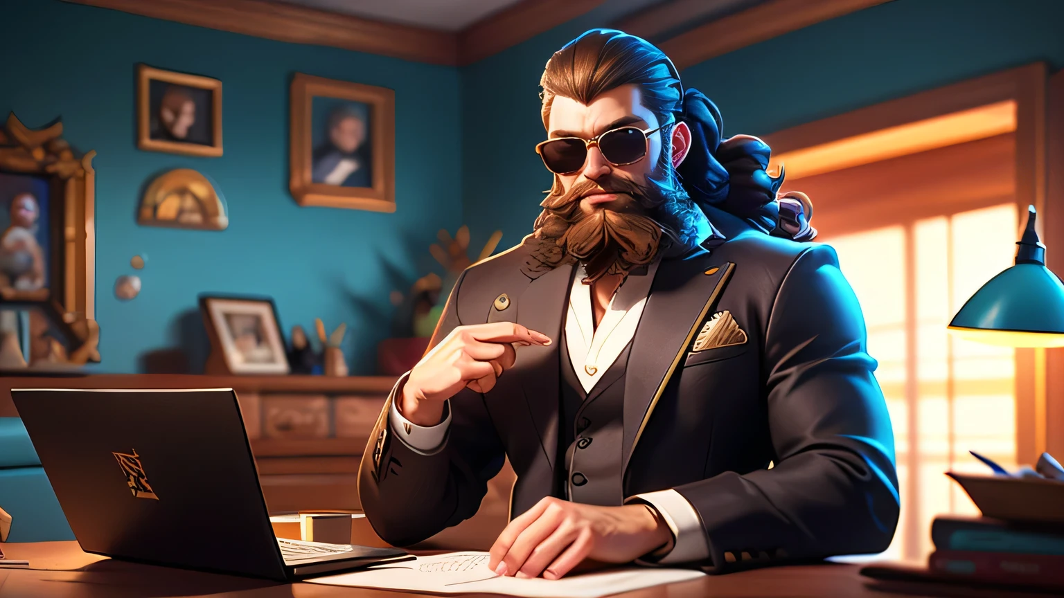  a man with a beard and sunglasses sitting at a desk, epic and classy portrait, jody highroller, epic game portrait, mogul khan, official splash art, handsome man, dapper, epic character portrait, bearded, gentleman, twitch streamer / gamer ludwig, rich with epic details, style league of legends, thertrevkaiser, character splash art
