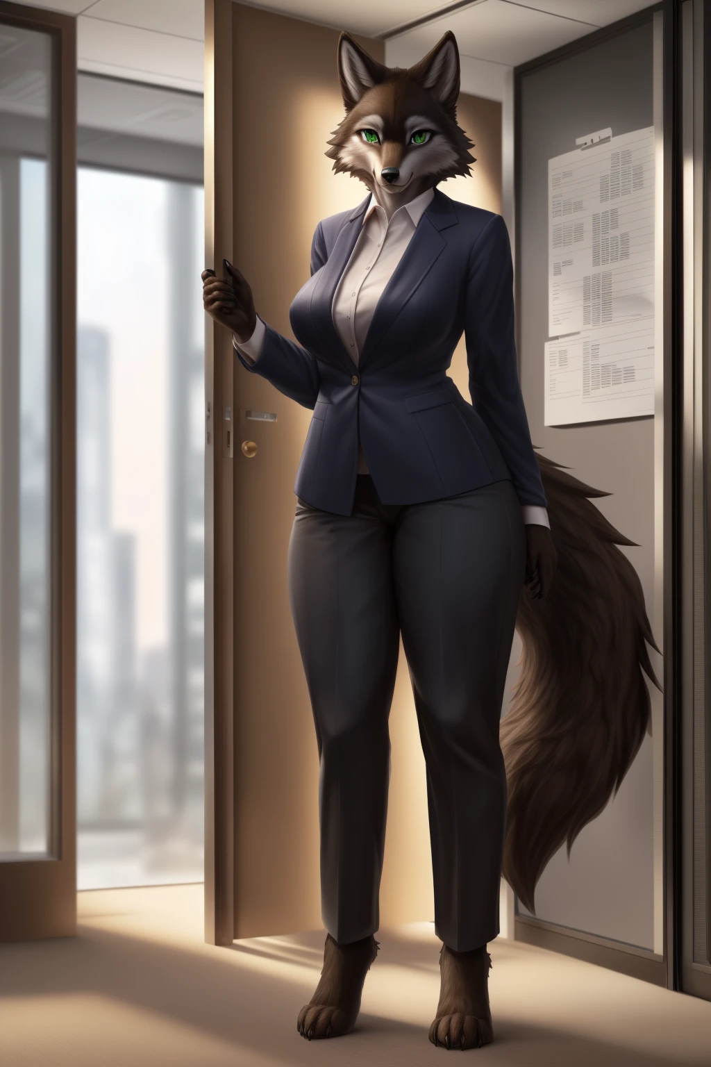  (8K, Masterpiece, high resolution, super fine illustration:1.3), (mature, mannish, cool:1.35), fluffy, green eyes, perfect anatomy, detailed background, (solo, dark brown fur, 1 female wolf kemono:1.5), at office, (business suit, jacket, pants, blouse:1.25), (full body, 6 feet tall:1.5)