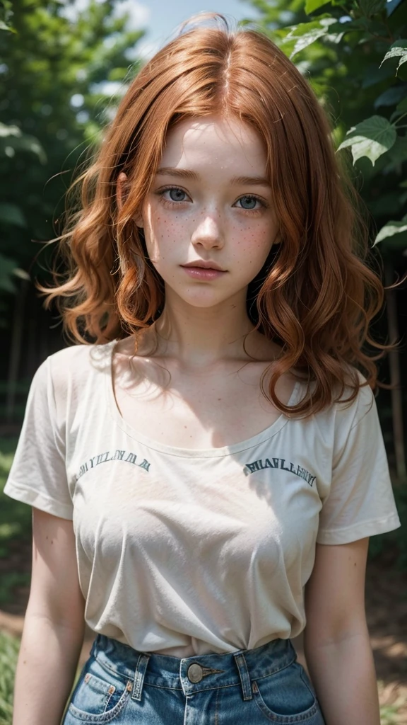 an image of a redhead girl with freckles curly hair light brown, 18 years old on a farm with a denim shirtMaple leaf beautiful whimsical girl style by Kara walker