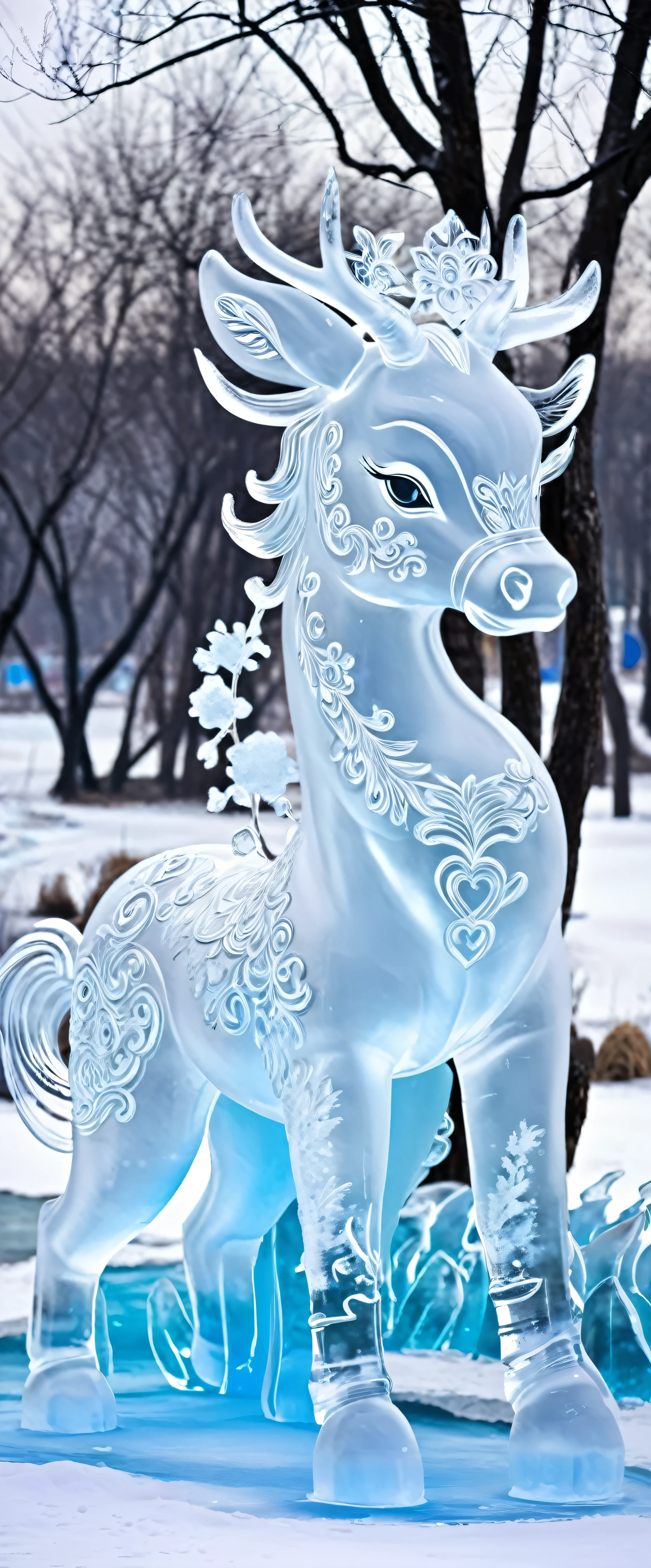 Ice sculpture model, Heilongjiang, theme Chinese dream - ice and snow love, with the cultural characteristics of the new era, showing the development style of Heilongjiang in the new era, animal model, creativity, beauty.  