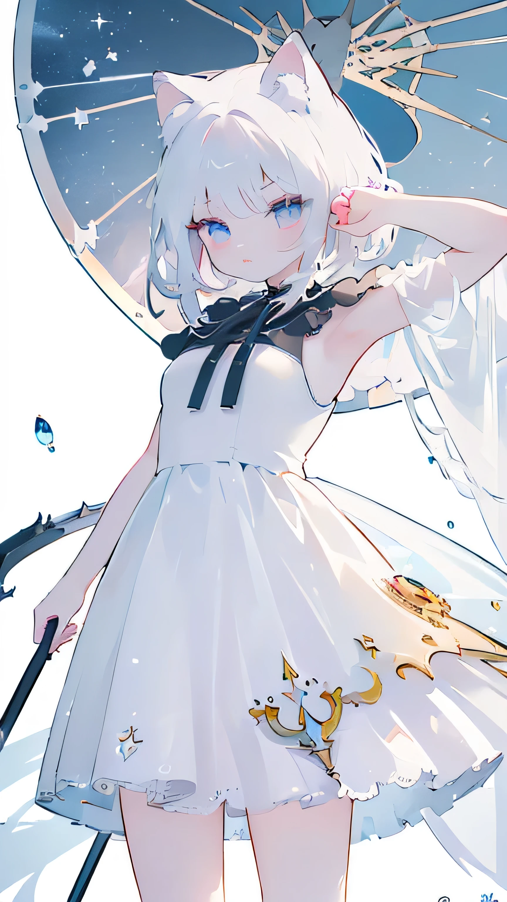 Tsundere 18 year old girl, beautiful and delicate eyes, beautiful lips, very detailed 눈과 얼굴, long eyelashes, 1girl, white cat ears, foot long bag, Front view, Red-eye, (top quality, 4K, 8K, high resolution, masterpiece:1.2), very detailed, (realistic인, realistic인, realistic인, realistic인, realistic: 1.37), big bust, Scythe, elegant, fantasy, white background,holding a weapon, maid uniform, I can see my armpits
