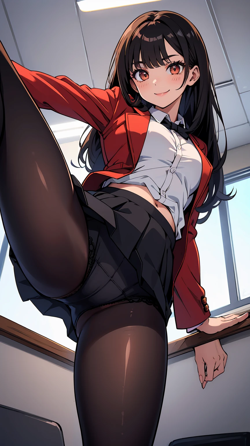 One Girl, Five Fingers, mini skirt, Looking down at the viewer, Brown long hair, Highest quality, Focus on the thighs, Dynamic pose, smile, blazer, blouse, Black Pantyhose, panties under pantyhose, Standing Split, classroom, Black Hair, Stylish pose,My thighs and groin are steamy