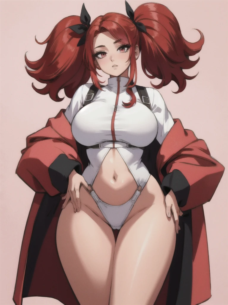 1girl, , , red hair, twintails hair, white shirt, open clothes,,pink background ,full body,breasts,wide hips,hourglass body