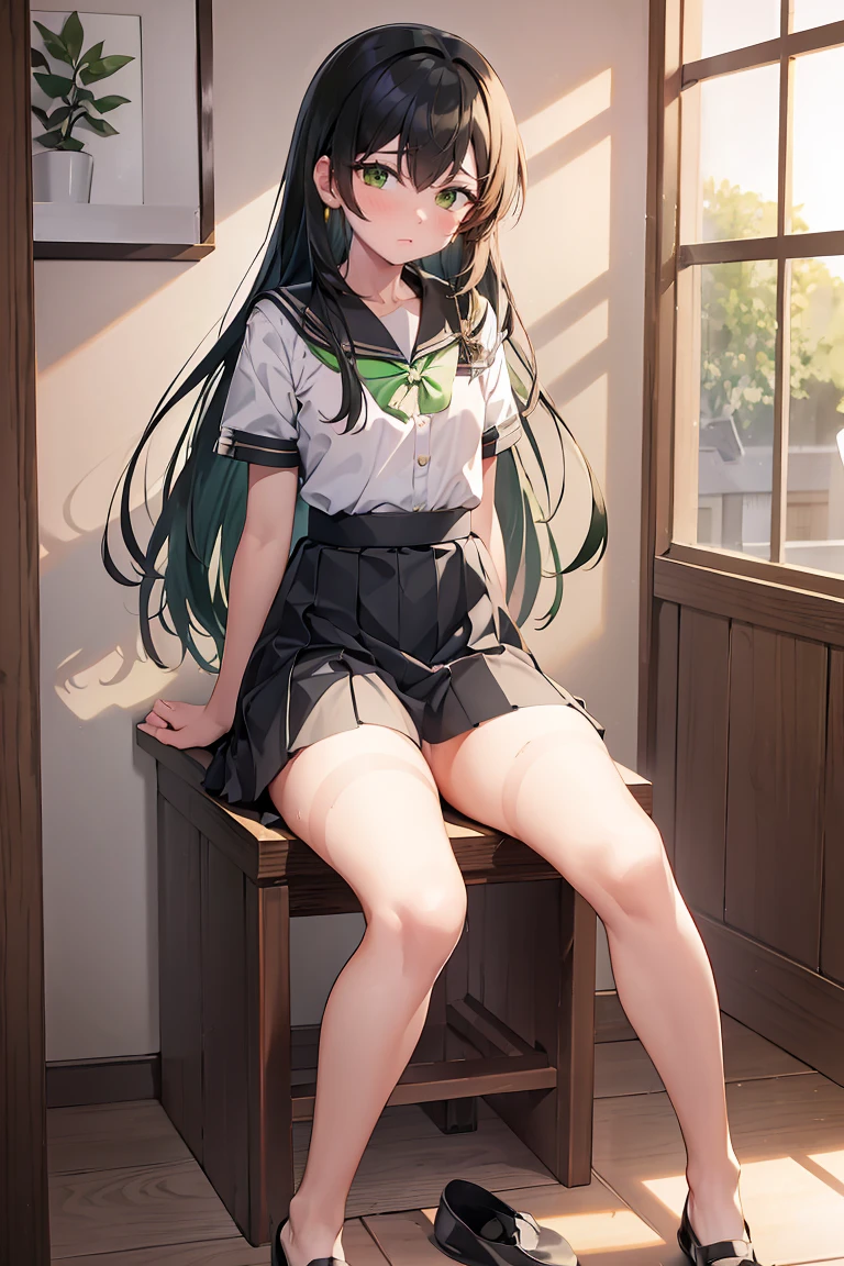 Kitaikuyo, Ikuyo Kita, (Green Eyes:1.5), Hair between the eyes, Long Hair, One side up, Redhead, (Flat Chest:1.2), break black footwear, black skirt, grey Sailor collar, pleated skirt, Sailor collar, , shoes, Short sleeve, skirt,, break looking at viewer, break indoors, classroom, break (masterpiece:1.2), Highest quality, High resolution, unity 8k wallpaper, (shape:0.8), (Beautiful attention to detail:1.6), Highly detailed face, Perfect lighting, Extremely detailed CG, (Perfect hands, Perfect Anatomy)、Full bladder, (I want to pee:1.2), (The urge to pee:1.4), (People who pee alone:1.2), Pee flowing down thighs, (An urgent need to go to the toilet:1.2), (Knees together and feet apart:1.3), (Rubbing each other&#39;s thighs:1.3), (Leaning forward:1.1), put one hand between your legs, (skirtめくり:1.2), (Hold your groin:1.3), (Stroke your abdomen:0.9), (Stroking my thighs:1.1), (blush:1.3), (Shyness 1.5), (impatience:1.3), (Panicked:1.3), (I get restless), (Flowing sweat), (Sexy body twist:1.5), (Out of breath:1.4), (shortness of breath:1.3), close your eyes, (Part your lips:0.6), Anatomically correct,Kitaikuyo