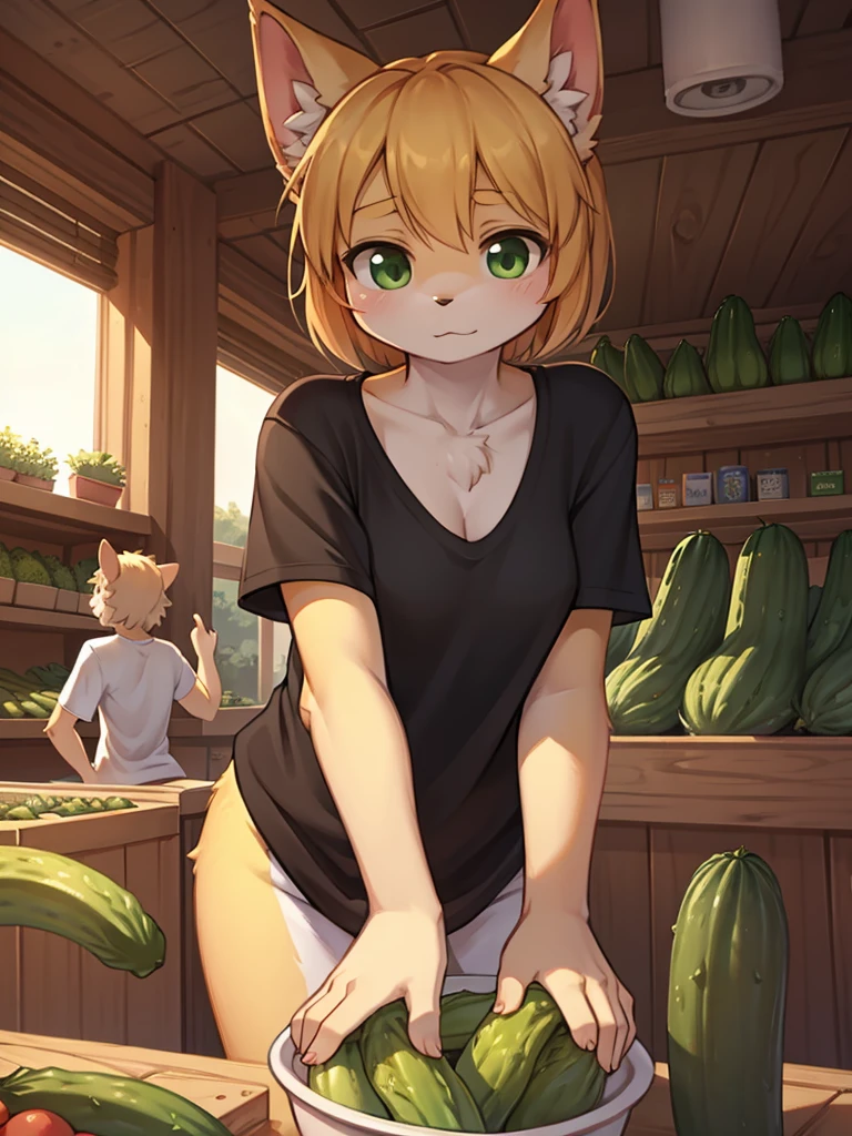 squad , T-shirt , flat chest , downblouse , Leaning forward , The greengrocer gazes fascinated at the cucumbers , looking away