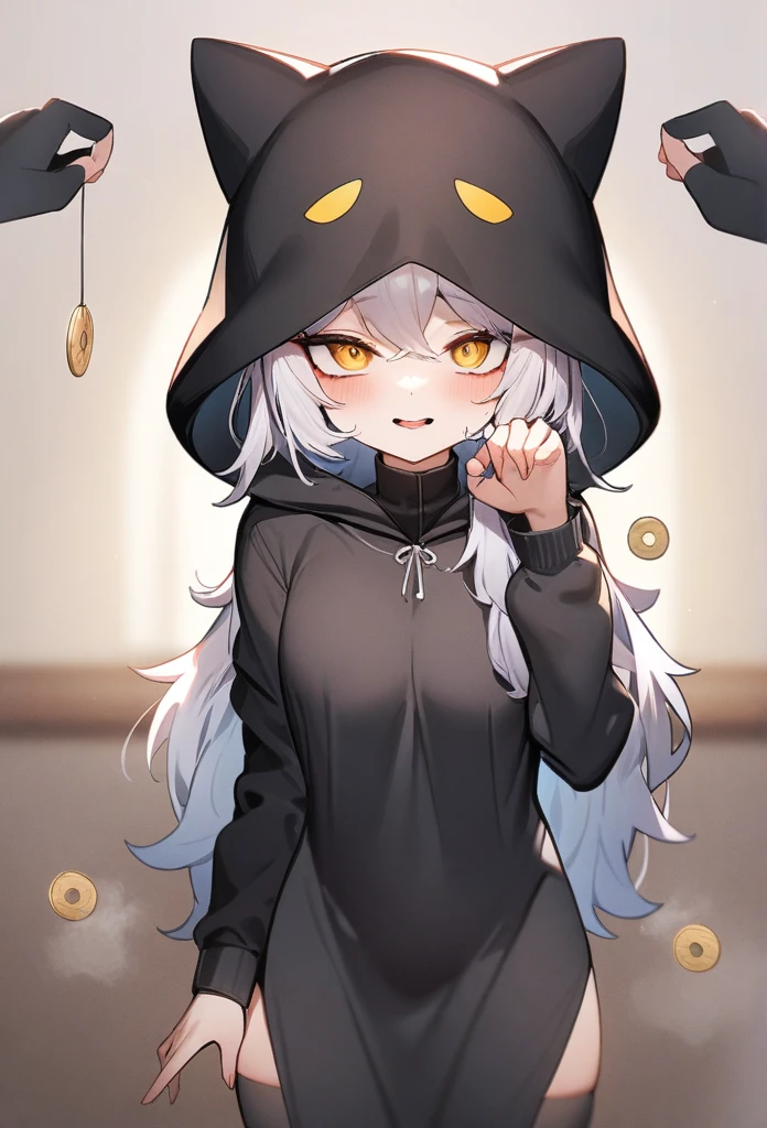 Highest quality,masterpiece,Chibi Character,1girl,独奏,Wearing a black hood,hypnosis, mind control,looking at viewer,  hand up, coin on string, Close-up,Silver Hair, gold,Open your mouth,Hypnosis