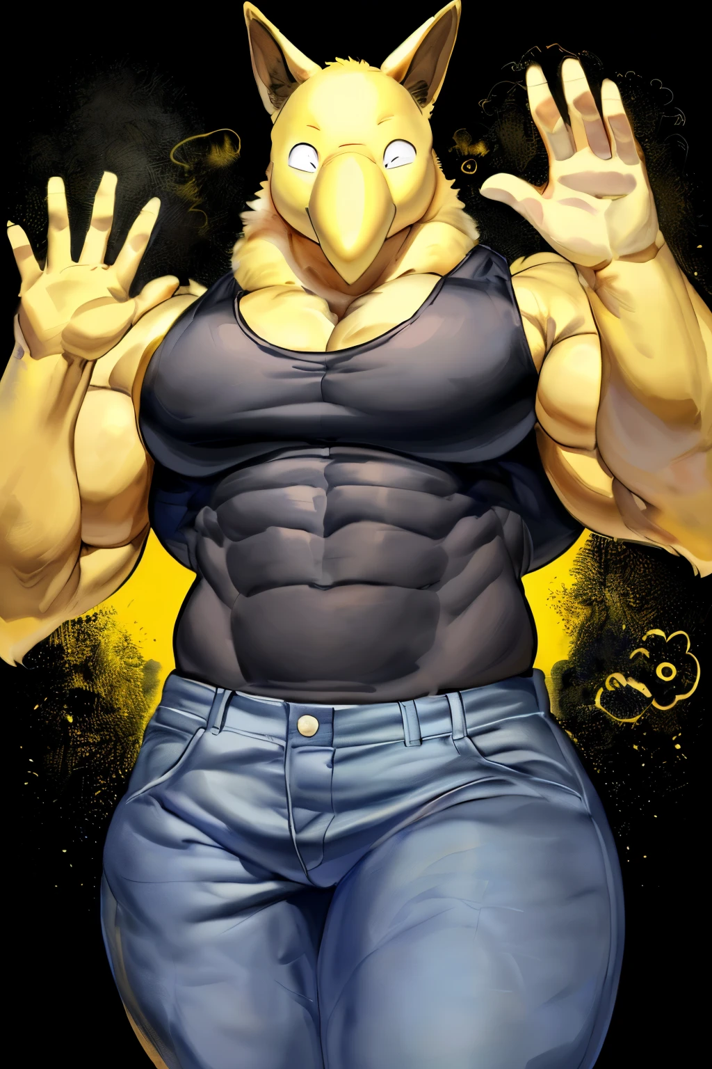 Furry, Anthro, solo, Hypno, Male, (((muscular body, massive thighs, massive male pectorals, fluffy neck))), ((((massive biceps, wide-eyed, waving, facing viewer)))), ((((((massive bulky torso)))))), (((wearing jeans, wearing grey tanktop))), black/yellow spraypainted background, by buta99, by meesh, (((digital painting)))