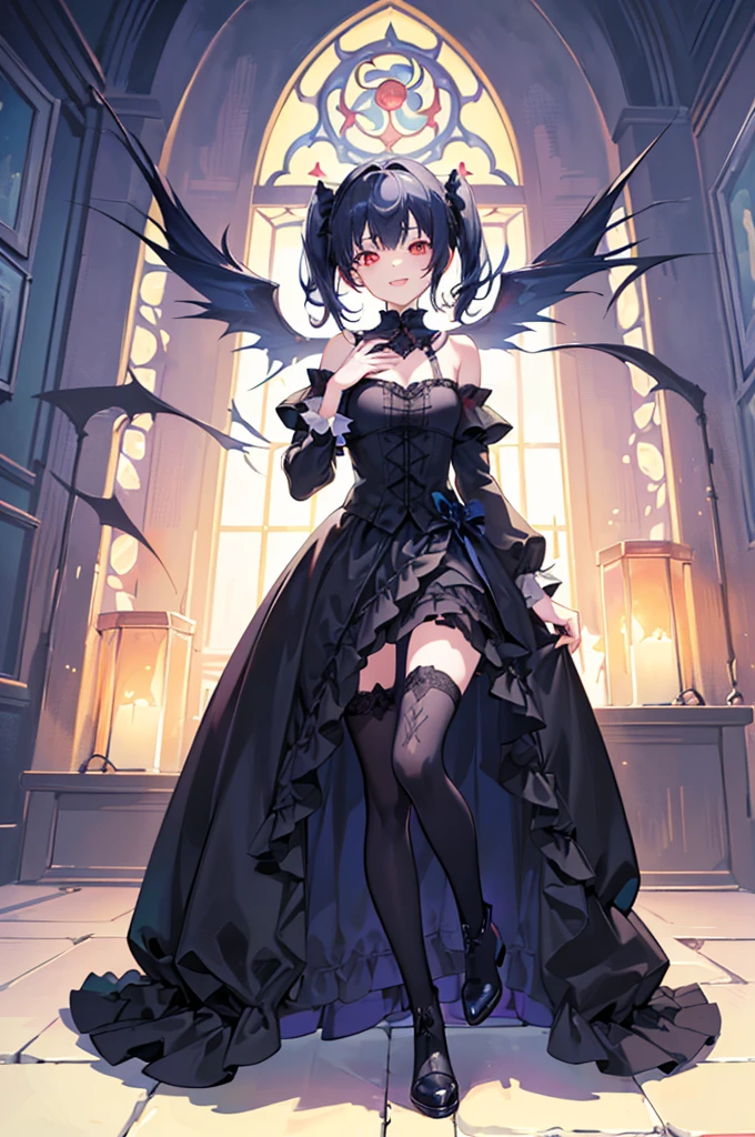 [(church background:1.4)::5],Original,(Illustration:1.1),(Best Quality),(masutepiece:1.1),(the Extremely Detailed CG Unity 8K Wallpapers:1.1), (Colorful:0.9),(mid-shot:0.95),(Full body:1.5),Dynamic Angle,(Solo:1.2), (girl),((Adult)), (Detailed beautiful eyes:1.15), (Beautiful face:1.15), (Glowing red eyes:1.25////),((dark blue long hair)),(Blunt bangs),(low twintails),(+perfect hand+:1.21),(Draw an illustration of a gothic girl),(Religious),(slender),(she has boots on her feet),((Wearing a black dress)),(Furious), Lace Off Shoulder Lolita Fashion,Beautiful slender woman,((Evil smile)),Dark blue short hair,Dark blue short hair,Laugh,evil smile,mini skirt,short hair,short mini skirt,mini skirt,