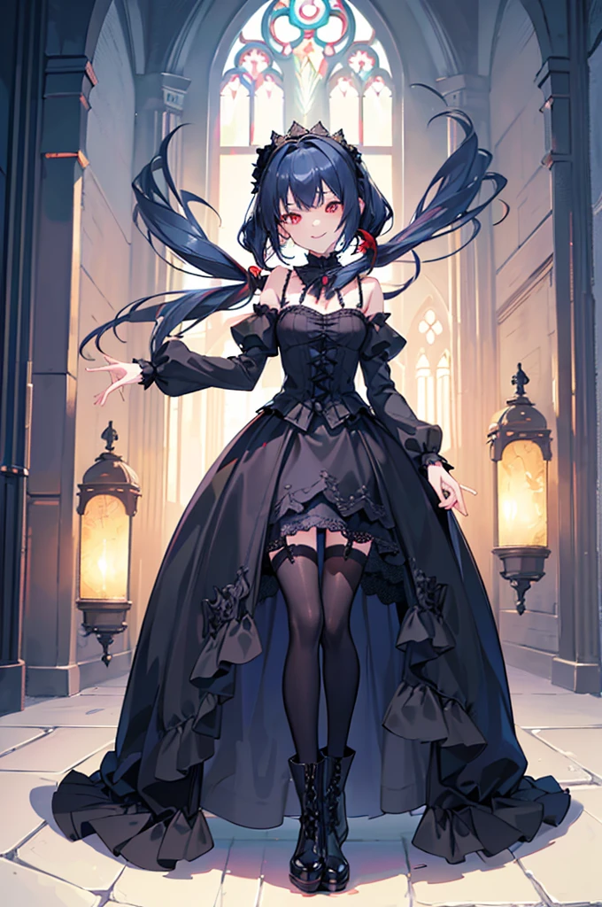 [(church background:1.4)::5],Original,(Illustration:1.1),(Best Quality),(masutepiece:1.1),(the Extremely Detailed CG Unity 8K Wallpapers:1.1), (Colorful:0.9),(mid-shot:0.95),(Full body:1.5),Dynamic Angle,(Solo:1.2), (girl),((Adult)), (Detailed beautiful eyes:1.15), (Beautiful face:1.15), (Glowing red eyes:1.25////),((dark blue long hair)),(Blunt bangs),(low twintails),(+perfect hand+:1.21),(Draw an illustration of a gothic girl),(Religious),(slender),(she has boots on her feet),((Wearing a black dress)),(Furious), Lace Off Shoulder ta Fashion,Beautiful slender woman,((Evil smile)),Dark blue short hair,Dark blue short hair,Laugh,evil smile,mini skirt,short hair,short mini skirt,mini skirt,