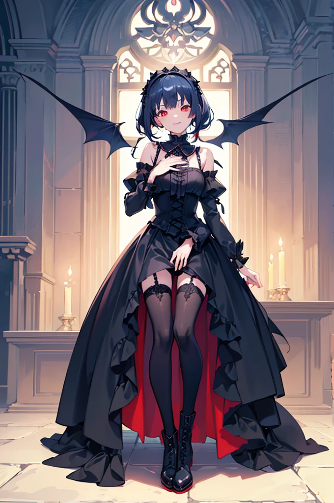 [(church background:1.4)::5],Original,(Illustration:1.1),(Best Quality),(masutepiece:1.1),(the Extremely Detailed CG Unity 8K Wallpapers:1.1), (Colorful:0.9),(mid-shot:0.95),(Full body:1.5),Dynamic Angle,(Solo:1.2), (girl),((Adult)), (Detailed beautiful eyes:1.15), (Beautiful face:1.15), (Glowing red eyes:1.25////),((dark blue long hair)),(Blunt bangs),(low twintails),(+perfect hand+:1.21),(Draw an illustration of a gothic girl),(Religious),(slender),(she has boots on her feet),((Wearing a black dress)),(Furious), Lace Off Shoulder Lolita Fashion,Beautiful slender woman,((Evil smile)),Dark blue short hair,Dark blue short hair,Laugh,evil smile,mini skirt,short hair,short mini skirt,mini skirt,