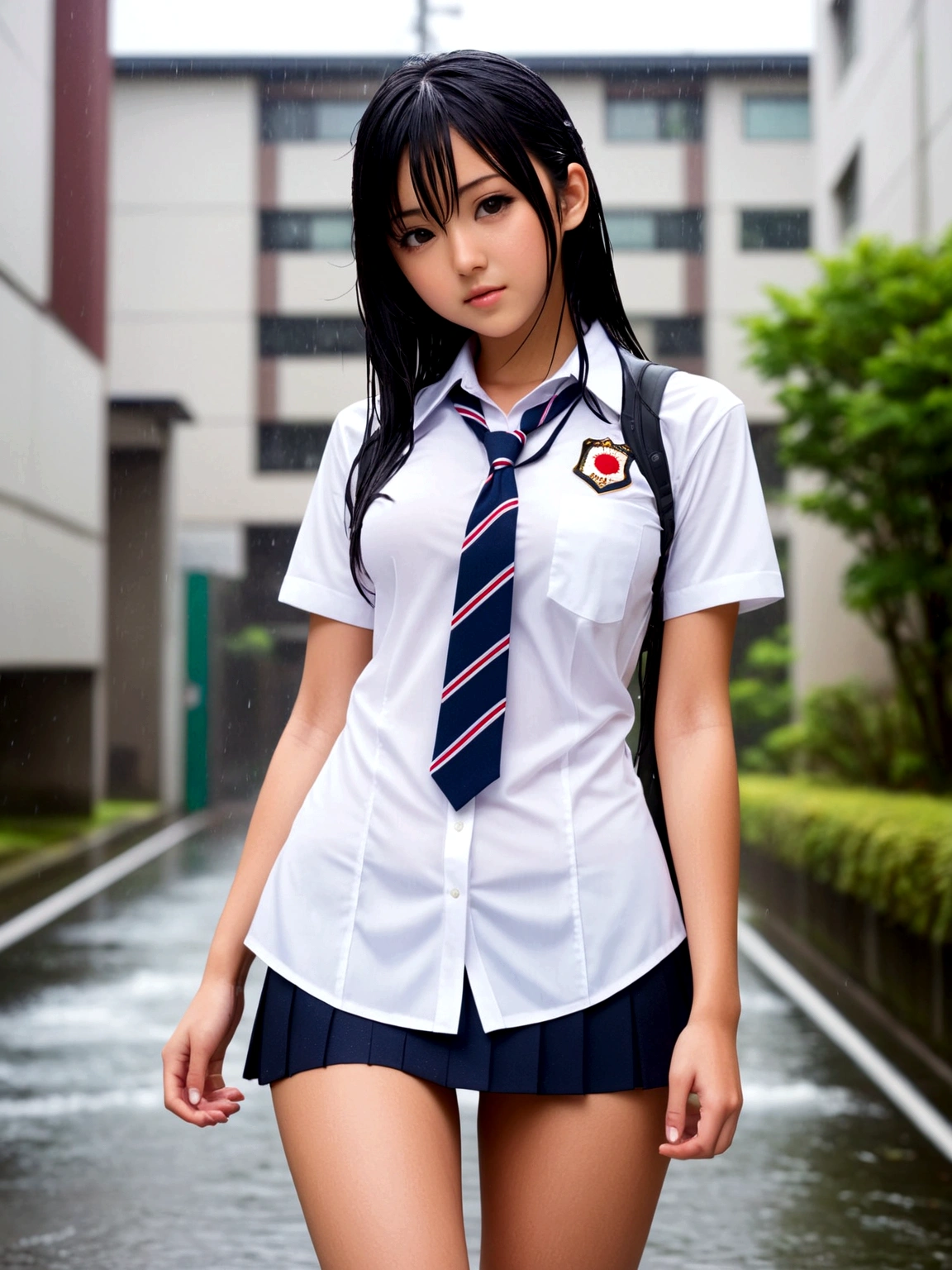 Nipples visible from white shirt, wet shirt, no panties, full body figure, black hair long straight, high school student, uniform, sexy, bra, Japan person, ,