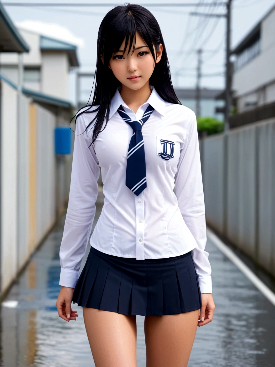 Nipples visible from white shirt, wet shirt, no panties, full body figure, black hair long straight, high school student, uniform, sexy, bra, Japan person, 17 years old,