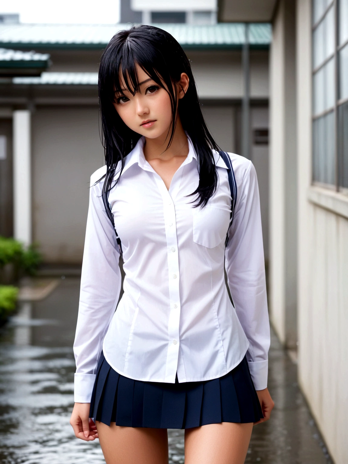 Nipples visible from white shirt, wet shirt, no panties, full body figure, black hair long straight, high school student, uniform, sexy, bra, Japan person, ,
