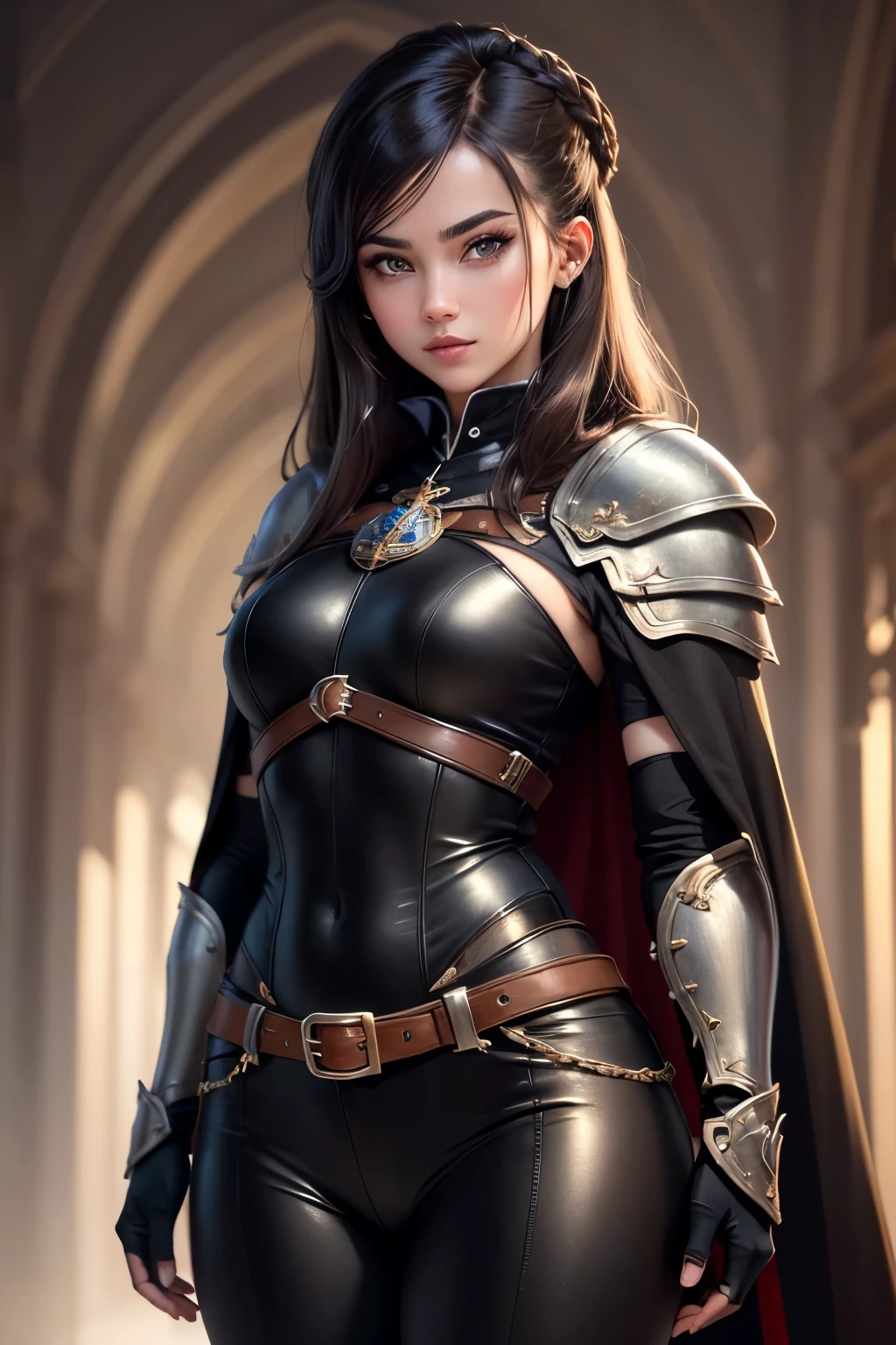 ((best quality)), ((masterpiece)), (detailed), Prize-winning works, with incredible details, maximum textures and details, uhd ,8K,super resolution ,depth of field, retina, masterpiece, anatomically correct, textured skin, super detail, high details, highres ,1 adventurous girl in brunette warrior costume ,beautiful face, stop at an adventurers guild, captivating smile, chestnut hair, developing long hair, slickedback hair, wearing medieval black armor , black gauntlets and gloves, black breastplate black leather,black pants, black belts ,black long cape ,fully body, hyper-detailed piercing eyes ,long black cloak ,black heavy armor (20 year old young woman :1.1,detailedeyes, face detailed, whole body:1.1,the background is an adventurers guild ),(best qualityer:1.2,ultra detali:1.1,realisitic:1.37) ,eyeshadows, sharp focus, swirly vibrant colors,)
