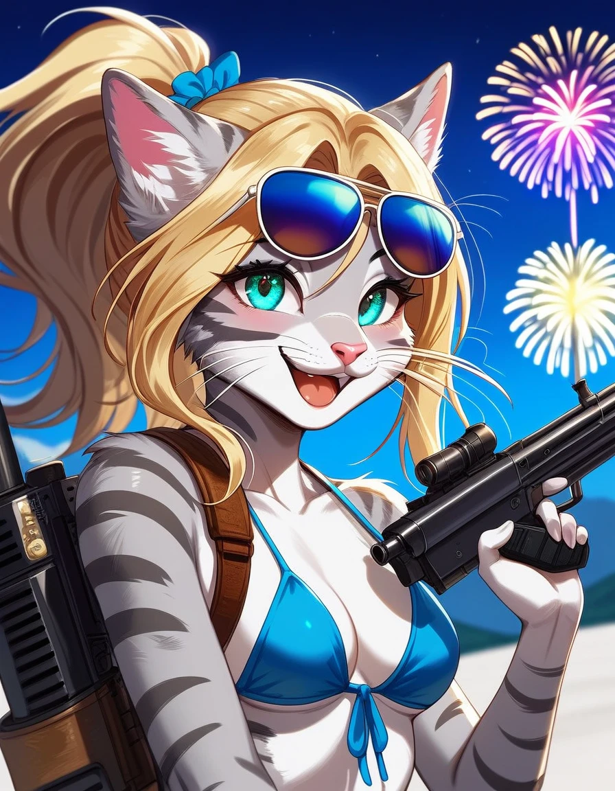 Solo, score_9,score_8_up,score_7_up, source_furry, kat, Anthro furry feline, blonde hair, (ponytail hair):1.3, pink nose, :3, smile, white whiskers, silver fur, grey es, furry body, wearing blue bikini, aviator sunglasses, laughing mania holding a machine to n, shooting a machine gun, ona. Mtain top, fireworks in the background