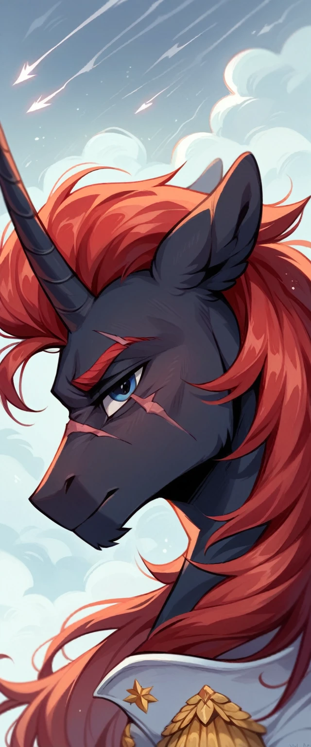 Male alicorn pony, sfw, black fur, dark blue eyes, red stripes, long flowing red hair and tail, scar over left eye, red feathers on wings, thunderstorm butt mark, standing proud, white navy admirals uniform, facing viewer, close-up portrait