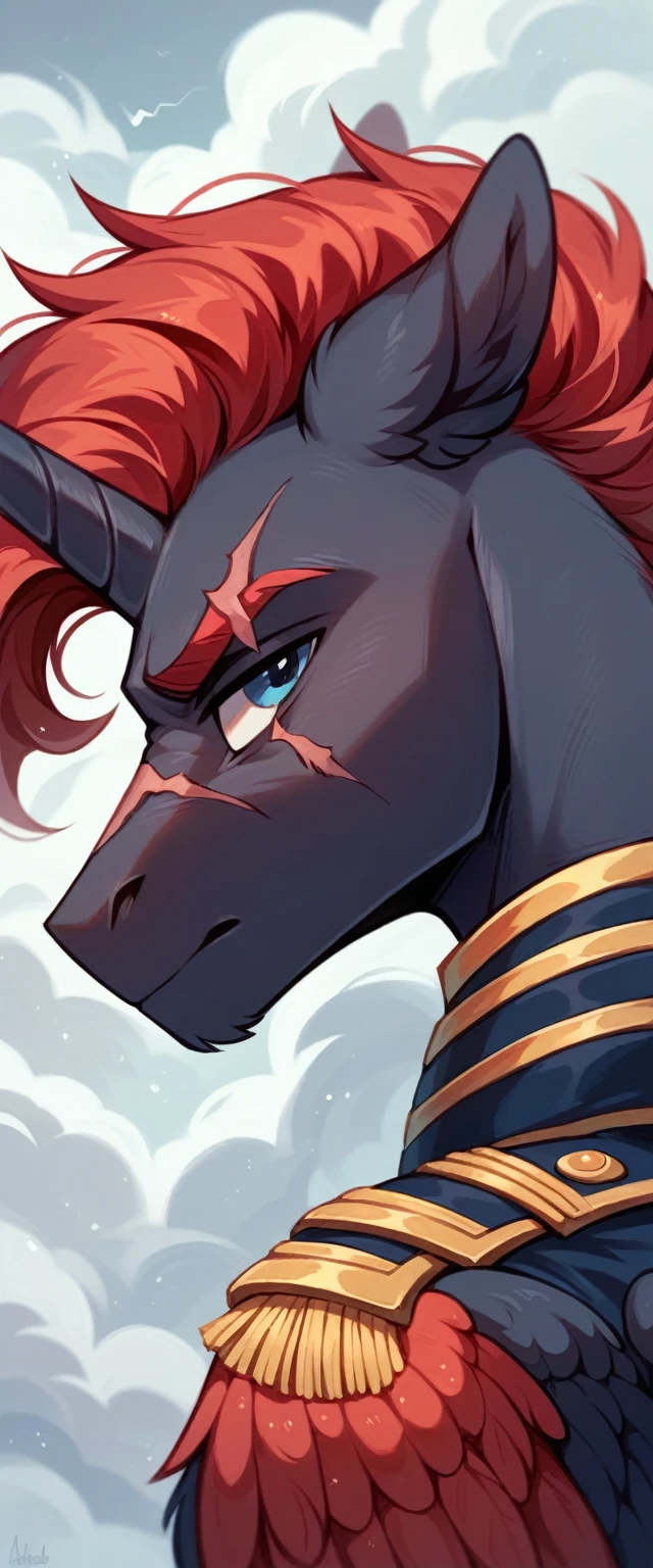 Male alicorn pony, sfw, black fur, dark blue eyes, red stripes, long flowing red hair and tail, scar over left eye, red feathers on wings, thunderstorm butt mark, standing proud, white navy admirals uniform, facing viewer, close-up portrait