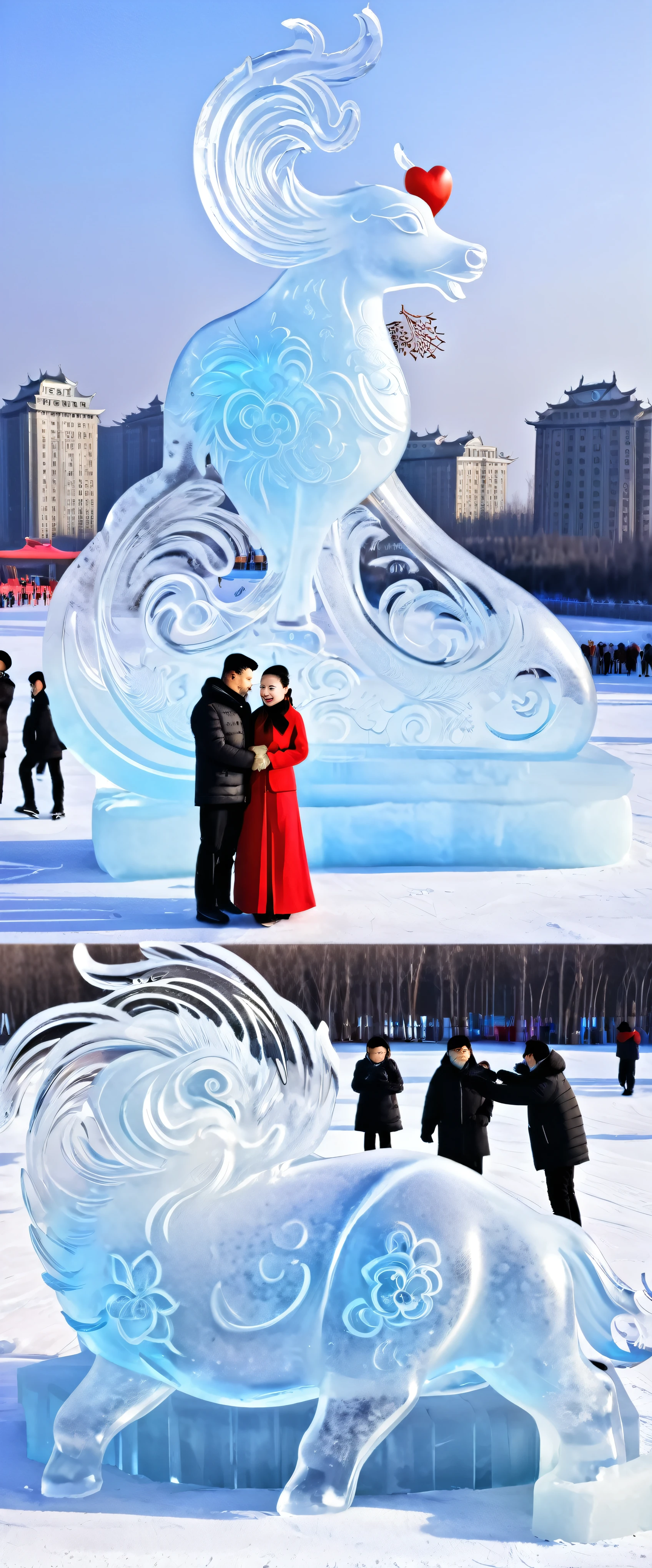 Ice sculpture model, Heilongjiang, theme Chinese dream - ice and snow love, with the cultural characteristics of the new era, showing the development style of Heilongjiang in the new era, animal model, creativity, beauty.  