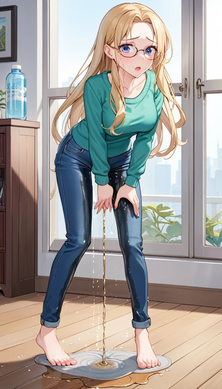 ((best quality, masterpiece:1.3, 8K)), (detailed), highly detailed face and skin texture, detailed eyes, living room, window, empty water bottles, full body, standing, (slender body:1.1), 1girl, 25 years old, white skin, blue eyes, reading glasses, bright lips, scared, worried, embarrassed, blonde hair, straight hair, long hair, (forehead:1.0), green sweater, hard nipples, jeans pants, skinny jeans, blue jeans, barefoot, (wetting herself:2.5), desperation:1.5,