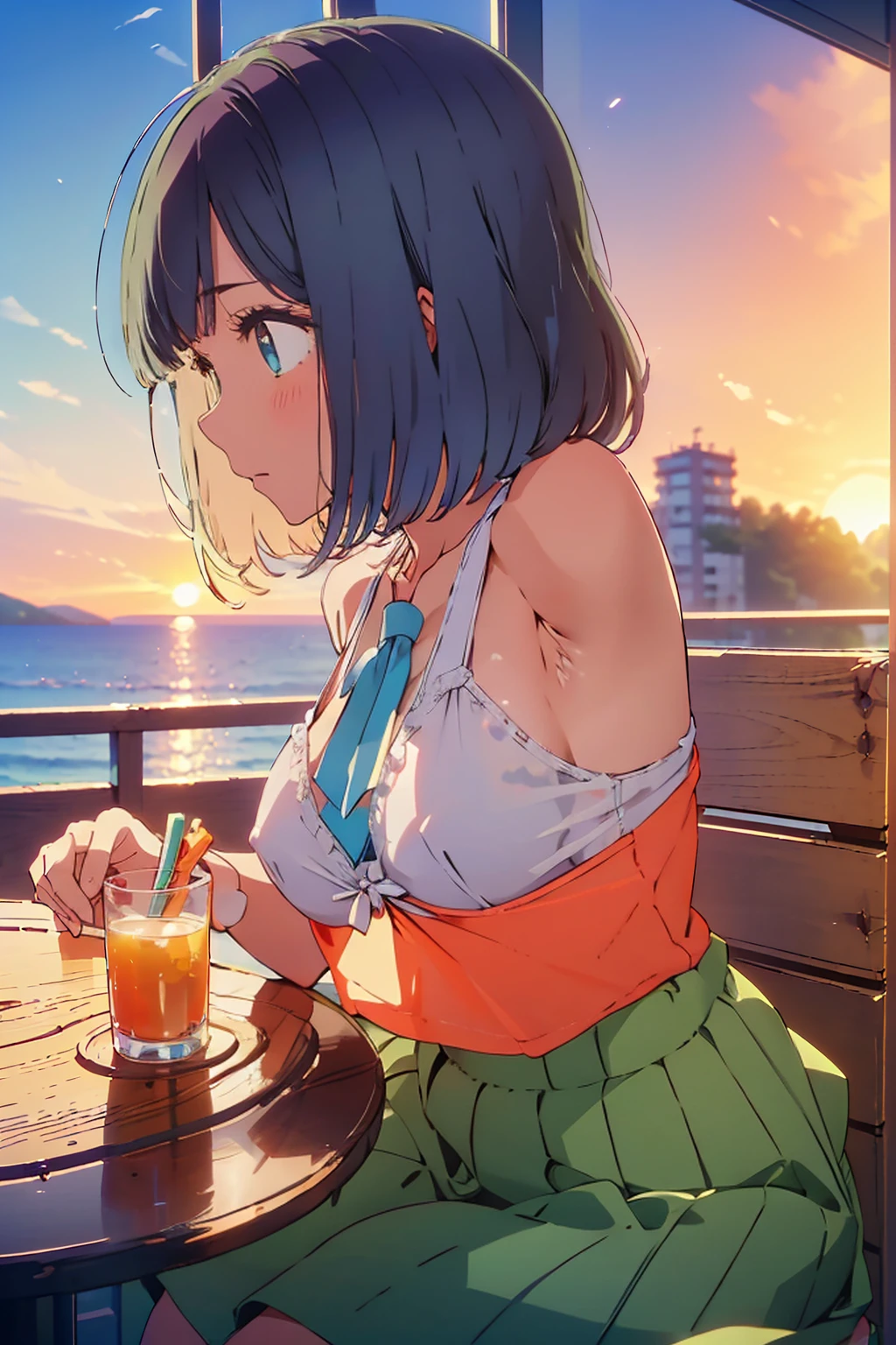 (Highest quality:1.4、masterpiece:1.4、Super detailed:1.4、8K:1.4)、Slim body、((((1 person、Surprised expression、sit、Outdoor café terrace、coastal、juice、table、Sandy Beach、bikini、juiceのグラスを持つ、Big eyes、Shallow depth of field、Very cute face))))、(((sunset、Sunset)))、(((bikiniサイズは小さい)))、((nude、Nipples、Areola protrudes))、F cup bust、Big Breasts、Get up close and take a photo