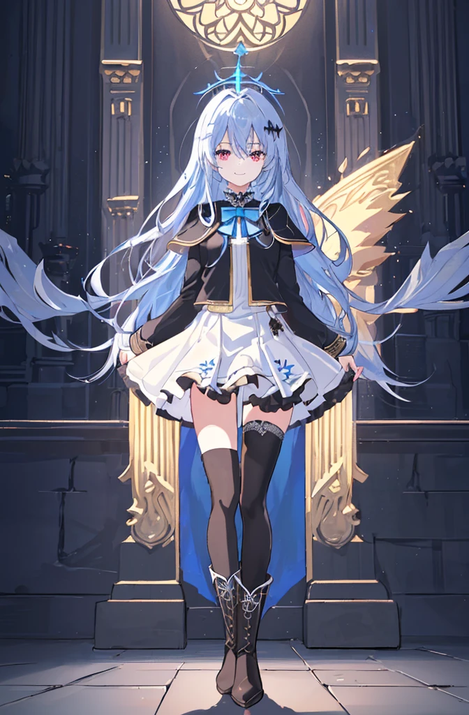 [(cathedral background:1.4)::5],original,(illustration:1.1),(best quality),(masterpiece:1.1),(extremely detailed CG unity 8k wallpaper:1.1), (colorful:0.9),(mid shot:0.95),(full body:1.5),Dynamic angle,(solo:1.2), (girl),(((adult))), (detailed beautiful eyes:1.15), (beautiful face:1.15), (glowing black eyes:1.25////),(blue long hair),(+perfect hand+:1.21),(Draw an illustration of a holy knight wizard),(Religious),(slender),(is wearing boots on her feet),((is wearing black thighhighs)),smile,(frilled mini skirt with metal decorations),beautiful slender adult,