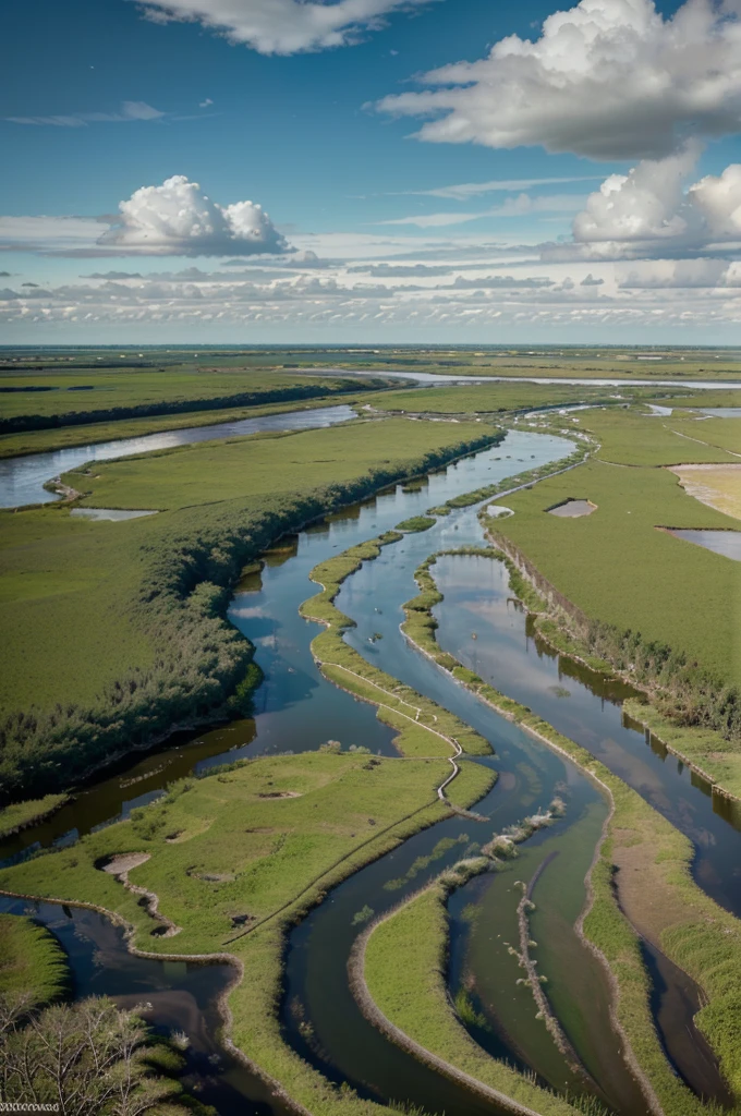 a stunning, photorealistic landscape of the Ibera Wetlands in Argentina, lush green marshes, reflective pools, winding waterways, diverse flora and fauna, serene and tranquil atmosphere, warm golden sunlight, dynamic clouds, detailed foliage, picturesque panoramic view, (best quality,4k,8k,highres,masterpiece:1.2),ultra-detailed,(realistic,photorealistic,photo-realistic:1.37),detailed landscape,stunning scenery,beautiful natural environment,dramatic lighting,serene atmosphere,ibera wetlands argentina,wetlands,marshes,pools,waterways,nature,landscape,environment,panoramic,scenic,dramatic,tranquil