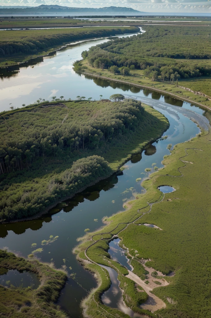 a stunning, photorealistic landscape of the Ibera Wetlands in Argentina, lush green marshes, reflective pools, winding waterways, diverse flora and fauna, serene and tranquil atmosphere, warm golden sunlight, dynamic clouds, detailed foliage, picturesque panoramic view, (best quality,4k,8k,highres,masterpiece:1.2),ultra-detailed,(realistic,photorealistic,photo-realistic:1.37),detailed landscape,stunning scenery,beautiful natural environment,dramatic lighting,serene atmosphere,ibera wetlands argentina,wetlands,marshes,pools,waterways,nature,landscape,environment,panoramic,scenic,dramatic,tranquil