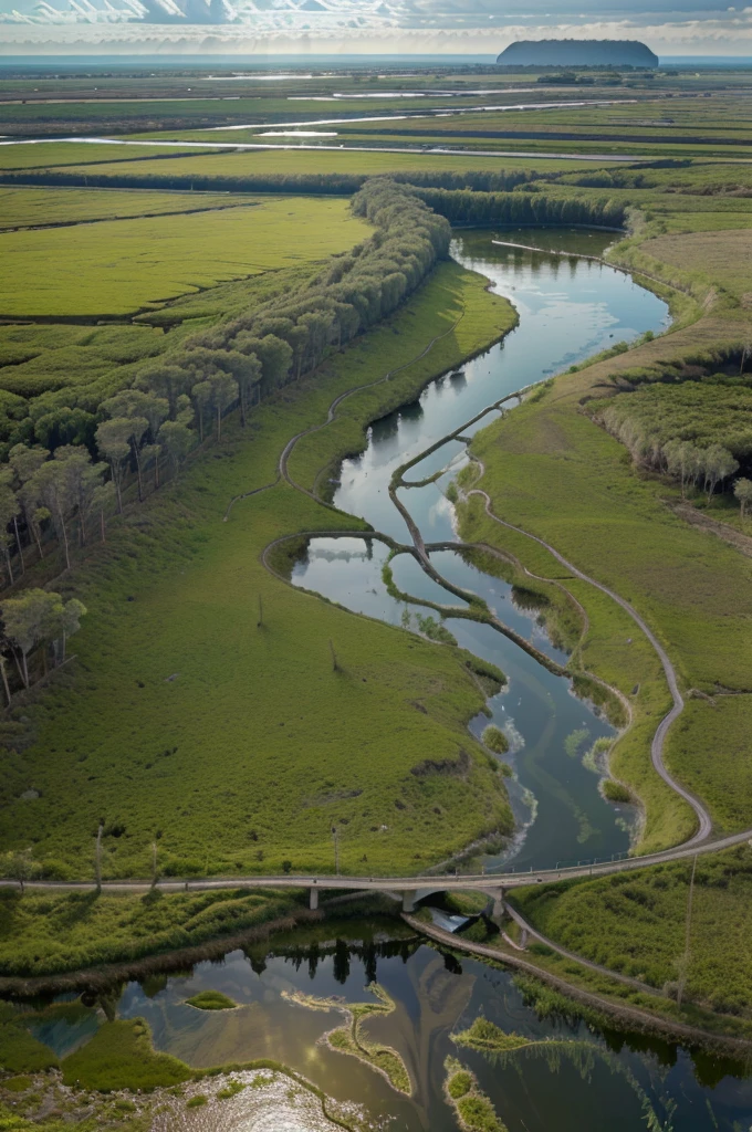 a stunning, photorealistic landscape of the Ibera Wetlands in Argentina, lush green marshes, reflective pools, winding waterways, diverse flora and fauna, serene and tranquil atmosphere, warm golden sunlight, dynamic clouds, detailed foliage, picturesque panoramic view, (best quality,4k,8k,highres,masterpiece:1.2),ultra-detailed,(realistic,photorealistic,photo-realistic:1.37),detailed landscape,stunning scenery,beautiful natural environment,dramatic lighting,serene atmosphere,ibera wetlands argentina,wetlands,marshes,pools,waterways,nature,landscape,environment,panoramic,scenic,dramatic,tranquil