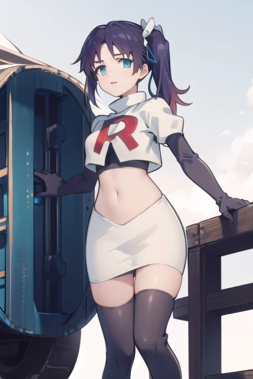 1girl,solo,outdoor,
 aatisaki,blue_hair,blue_eyes,side_ponytail,team rocket,team rocket uniform,white skirt,red letter R,crop top,black thigh-highs,black elbow gloves