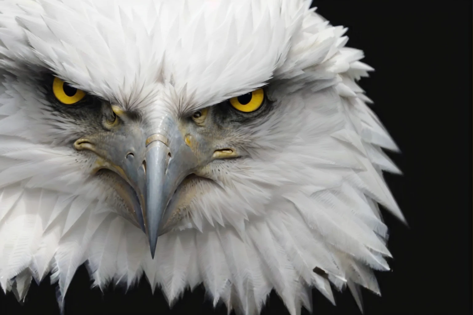 a close-up of a bald eagle with yellow eyes on a black background, intimidating look, annoyed look, annoyed looking, visibly angry, carrancuda, eagle head, intense stare, aggressive look, A rage, looking angry, angry eyes, intimidating look, annoyed looking at camera, with eagle's beak, head of an eagle, intimidating expression