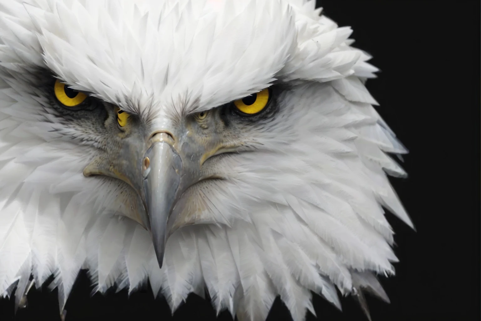 a close-up of a bald eagle with yellow eyes on a black background, intimidating look, annoyed look, annoyed looking, visibly angry, carrancuda, eagle head, intense stare, aggressive look, A rage, looking angry, angry eyes, intimidating look, annoyed looking at camera, with eagle's beak, head of an eagle, intimidating expression