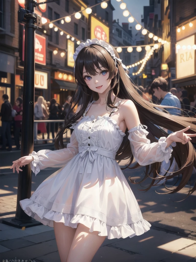 cute、kawaii、ta、party、Stylish、Long legs、whole body、model、Brunette girl, Big smile, Super beautiful shining eyes、 (8K, Live Shooting, Best image quality, masterpiece: 1.4), Ultra-fine mesh, (reality, Realistic: 1.48), masterpiece、highest quality、Very detailed、8K、Detailed light、Fine shadows、born、(Fine skin)、(reality: 1.2)、Long Hair、