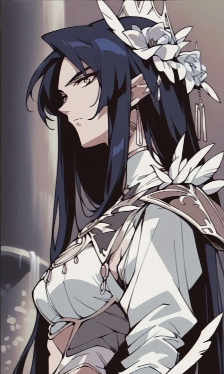 fountain_Anime 90's,
1 girl, bangss, breastsout, bridal gauntlets, cloused mouth, unexpressive, from sideways, high resolution, jewerly, long light blue hair, long sleeves, long thin elf ears