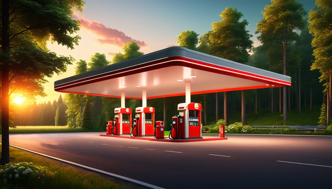 red gas station illuminated by the summer sunset, a landscape surrounded by green trees forest, cozy atmosphere