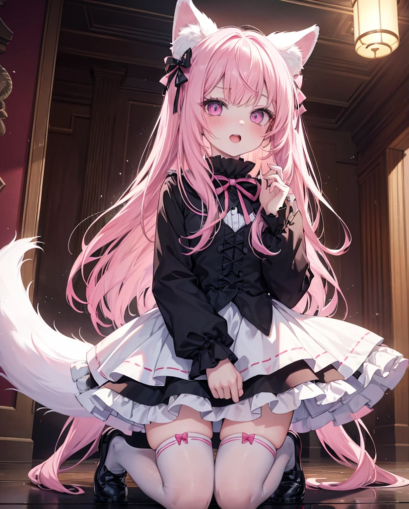 masutepiece, Highest Quality, (Perfect face:1.1), (high detailing:1.1), (ultradetailed eyes), Dramatic, superfine illustration, Extremely detailed,1girl in, teenager,(pale skin), Happy, Laugh, Enjoy,Open mouth,gloweyes,pinkhair,straight hair,Ethereal eyes, pink eye,blush, Solo,Pouty lips,Cinematic lighting, upper body,looking up, leaning forward,Long sleeve, Gothic lolita, frilld, bow ribbon,knee high socks,indoor, small neko ears,big white and pink fox tail, on his knees