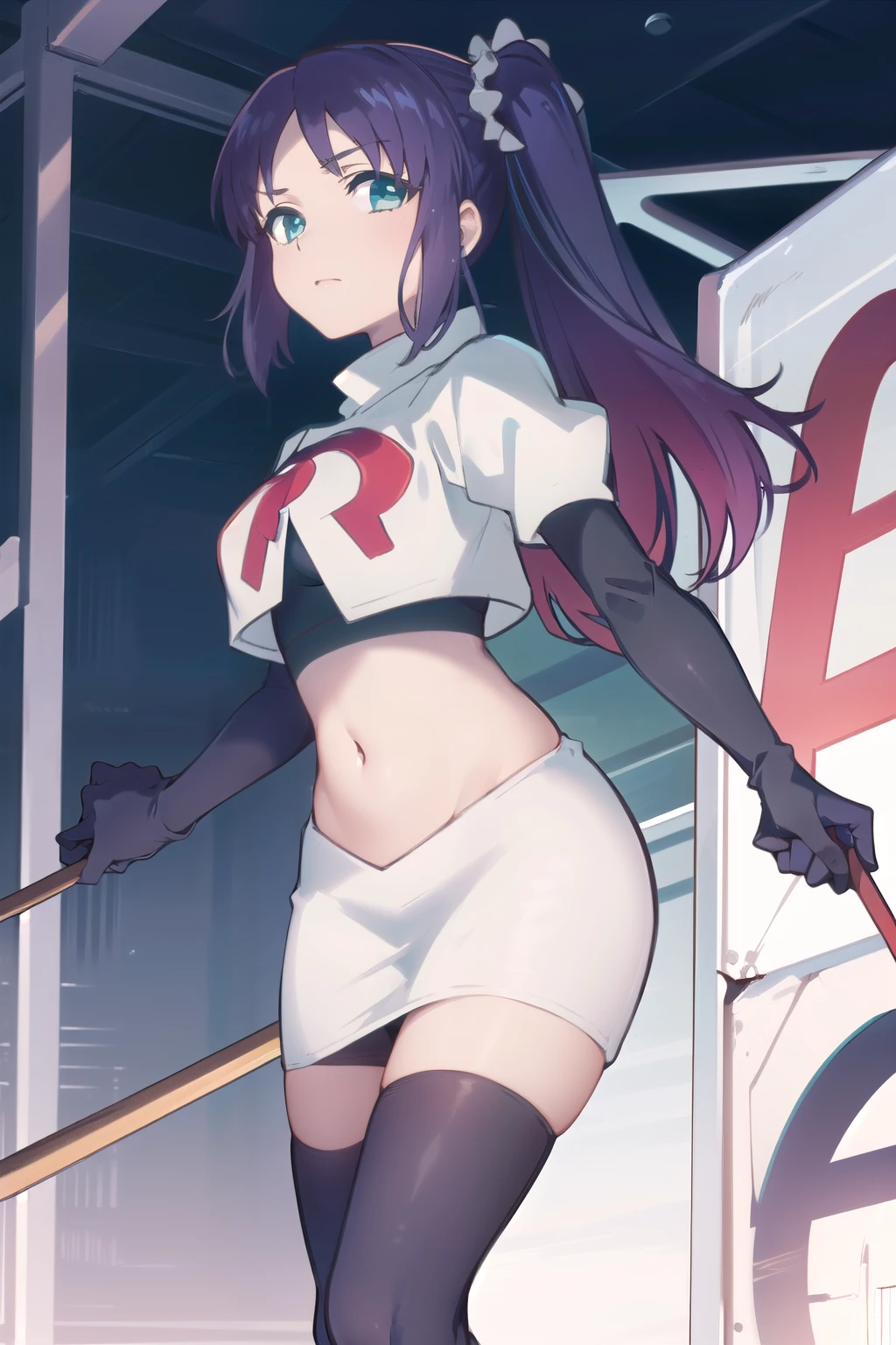 1girl,solo,outdoor,
 aatisaki,blue_hair,blue_eyes,side_ponytail,team rocket,team rocket uniform,white skirt,red letter R,crop top,black thigh-highs,black elbow gloves