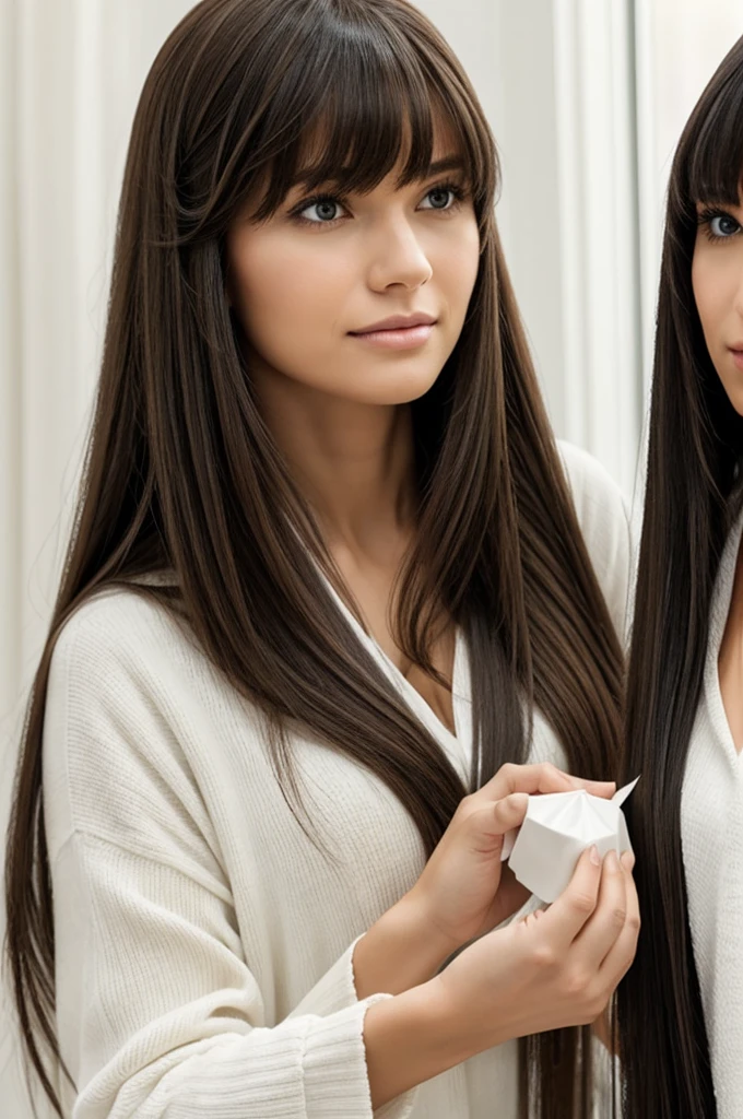 Woman with long hair and bangs takes something white from a woman's hands and starts screaming