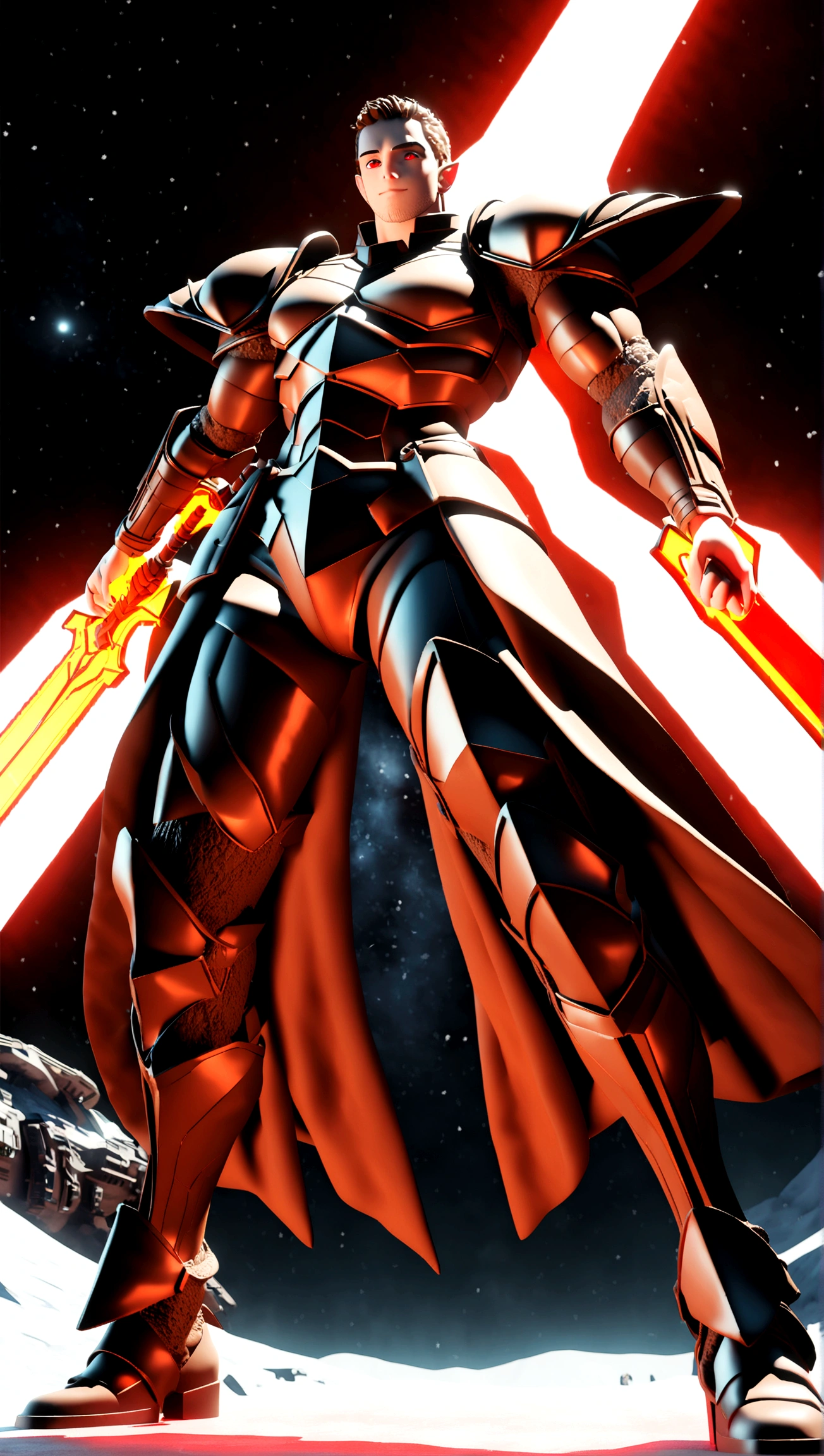 full body shot, star wars, 3d shading, tall brawny muscular, pale white skin, snow elf, subtle grin, long scarlet red tied back hair, thick eyebrows and stubble, red eyes, holding his twohanded claymore greatsword the large green plasma blade, black half plate armor with a Pauldron and dark brown leather accents, bright space station background