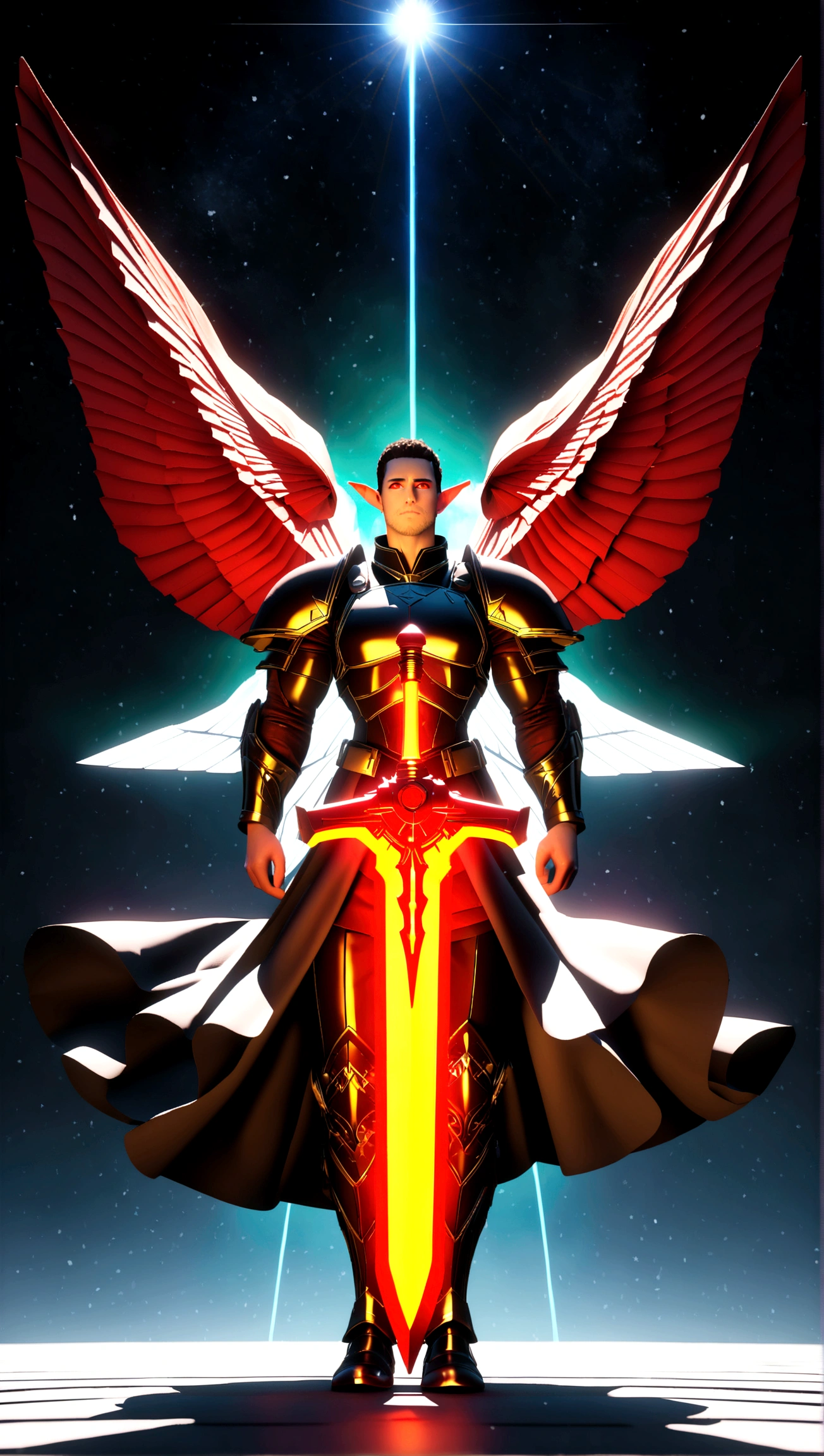 full body shot, star wars, 3d shading, tall brawny muscular, pale white skin, snow elf, subtle grin, long scarlet red tied back hair, thick eyebrows and stubble, red eyes, holding his twohanded claymore greatsword the large green plasma blade, black half plate armor with a Pauldron and dark brown leather accents, bright space station background