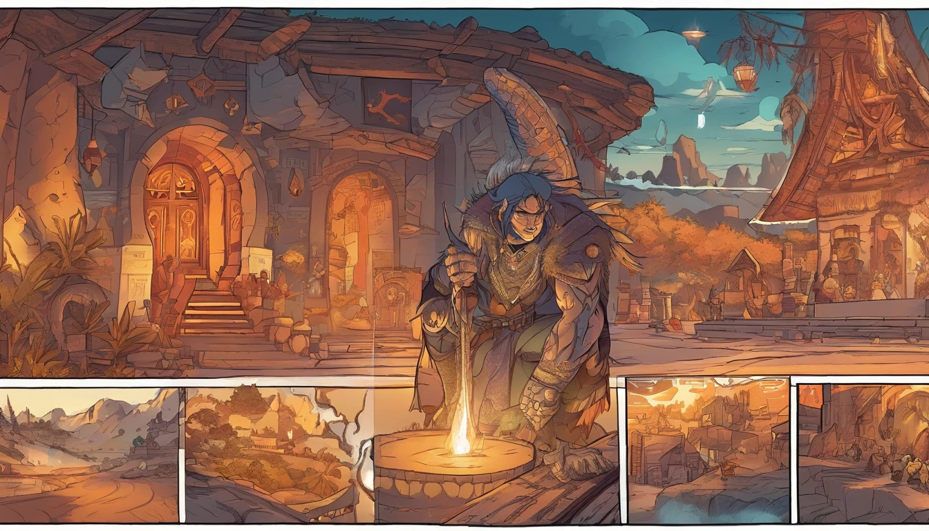 Old anime style, artbook, comicbook, RPG, futuristic tribal, tribalpunk. Magical beast man, wearing glowing magical tribal armor, stone skin with carved magic marks, dynamic pose, full body, face with glowing magical tribal tattoos with warm tones, beast features, beast tail, beast fur on ears, glowing eyes , using a magical long spear with glowing magical markings. A magical village in a kingdom of an ancient civilization with mystique, with buildings with neon details, with magical vegetation mixed in with the huts. Wide scenery, cinematic scene with several layers of depth, dynamics, magical lighting.