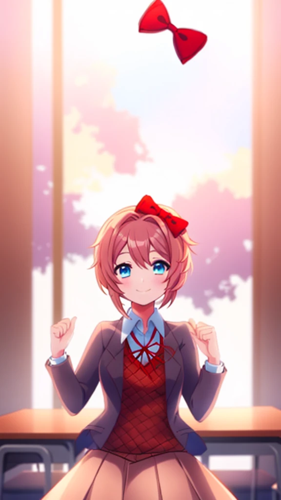 one girl, Sayori, DDLC, Doki Doki Literature Club, hair bow, short hair, school blazer, smile, light blue eyes
