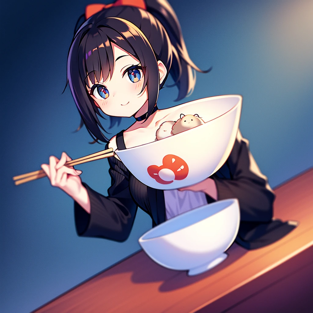 The cute lady hamster holds a bowl and chopsticks, cute eyes, black hair