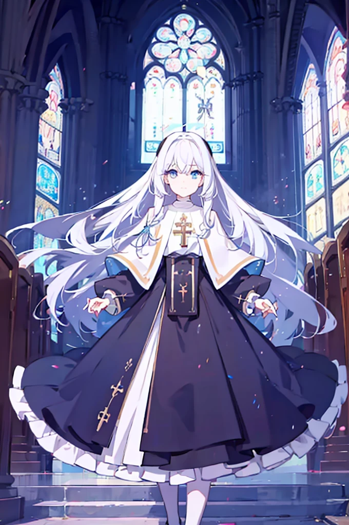 1girl, white hair, solo focus, clearly, blue eyes, very long hair, stole, priest, Bishojo, church