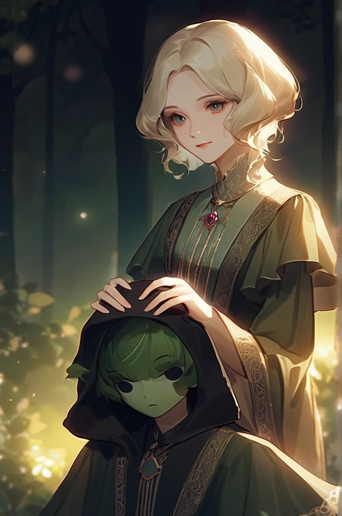((Лучшее качество)), ((шедевр)), (подробный), a girl and a guy at night in the forest